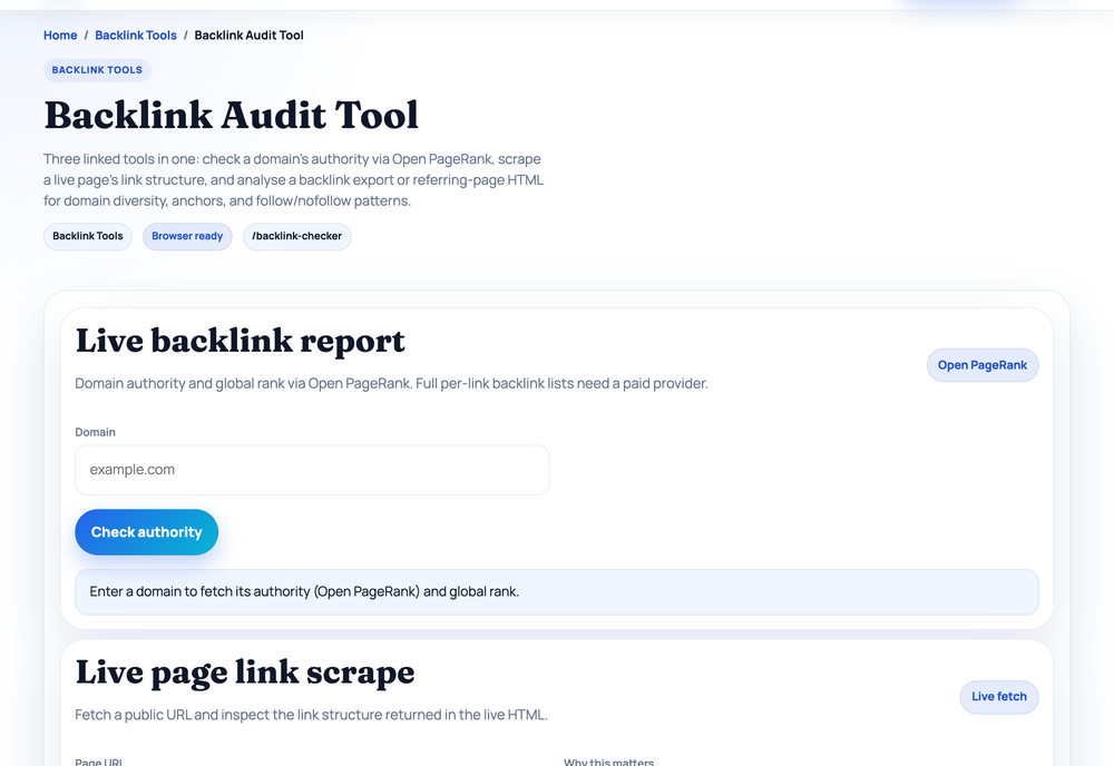 Backlink Audit Tool on HighSEOTools — free in-browser SEO tool