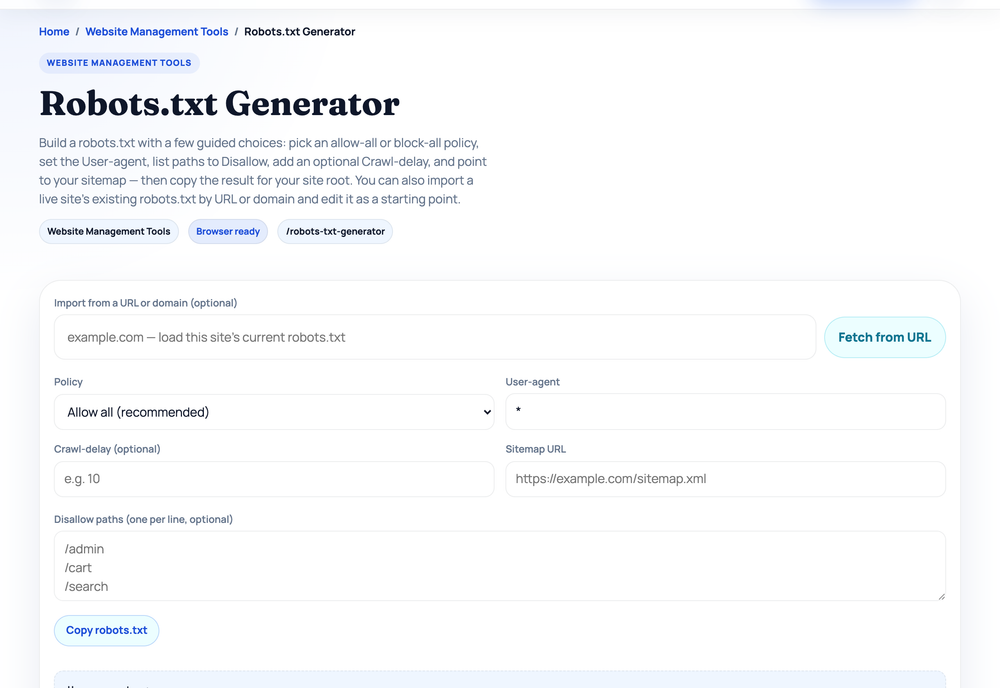 Robots.txt Generator on HighSEOTools — free in-browser SEO tool