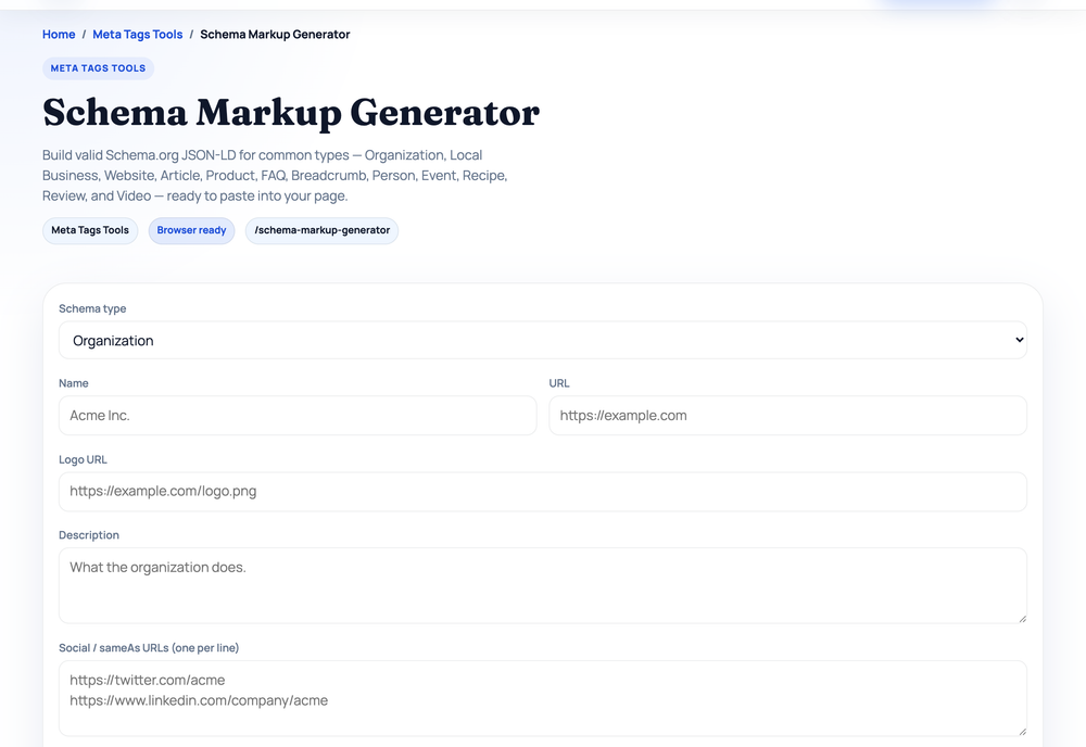 Schema Markup Generator on HighSEOTools — free in-browser SEO tool