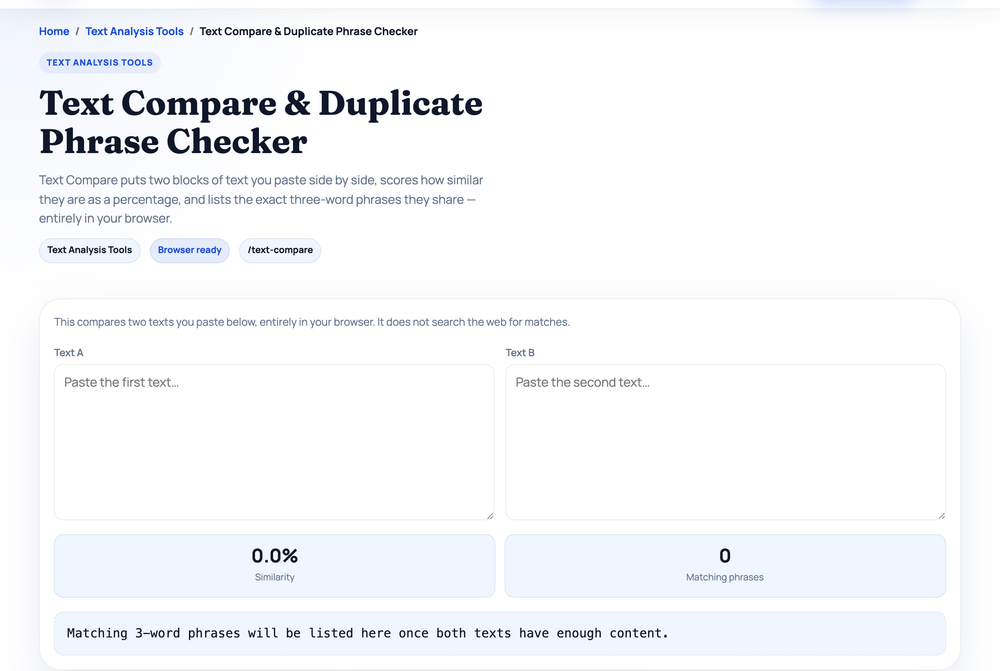 Text Compare tool on HighSEOTools — free in-browser SEO tool