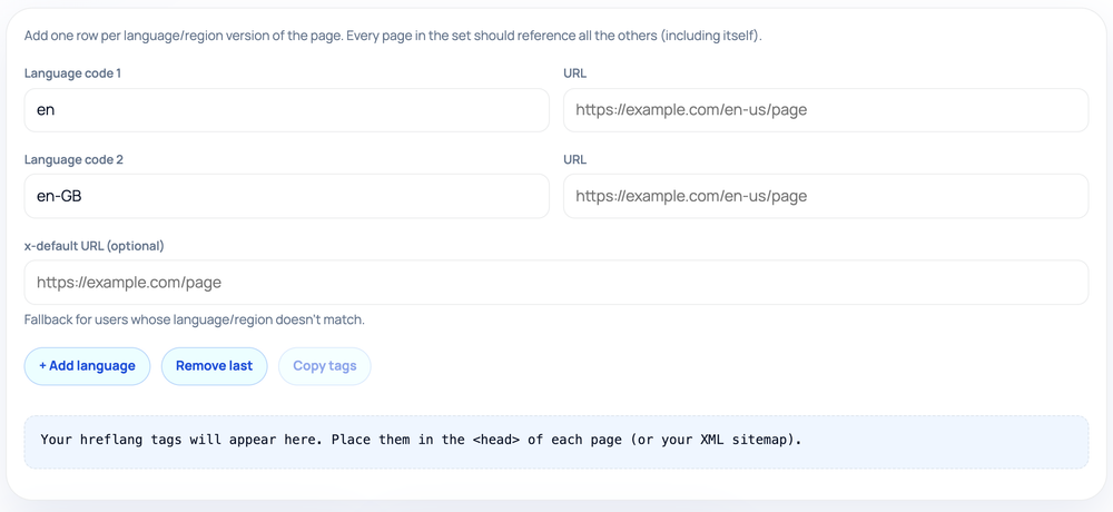 How to use the Hreflang Generator — tool screenshot