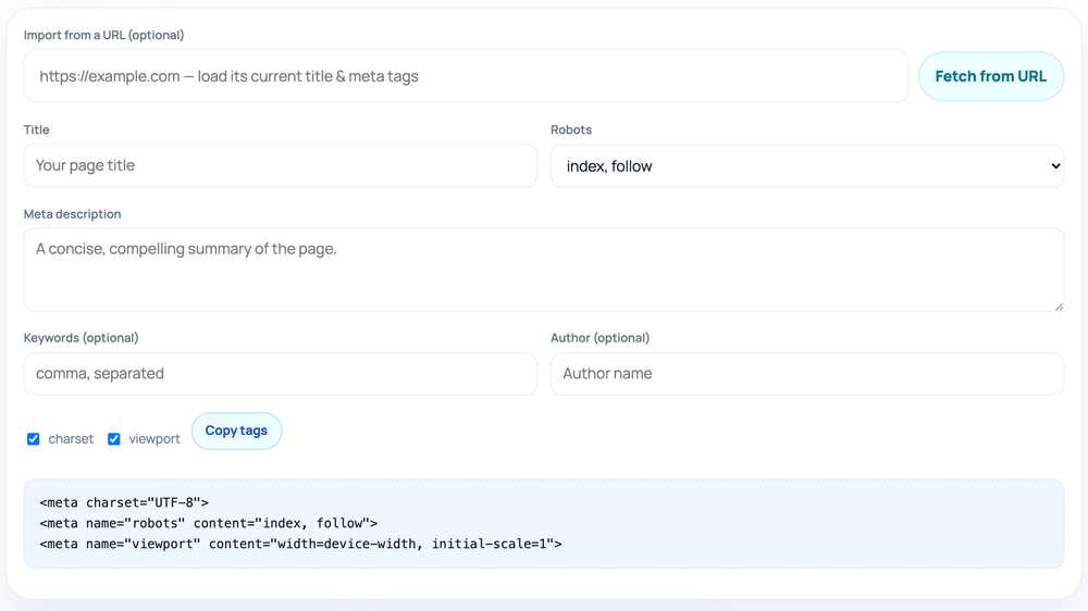 How to use the Meta Tag Generator — tool screenshot